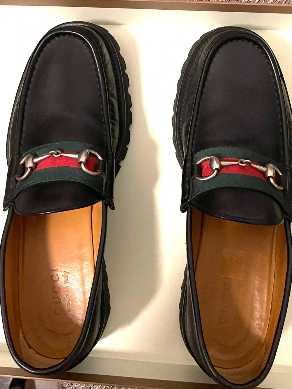 Gucci Black Leather Loafers with Red & Green Web and Silver Horsebit